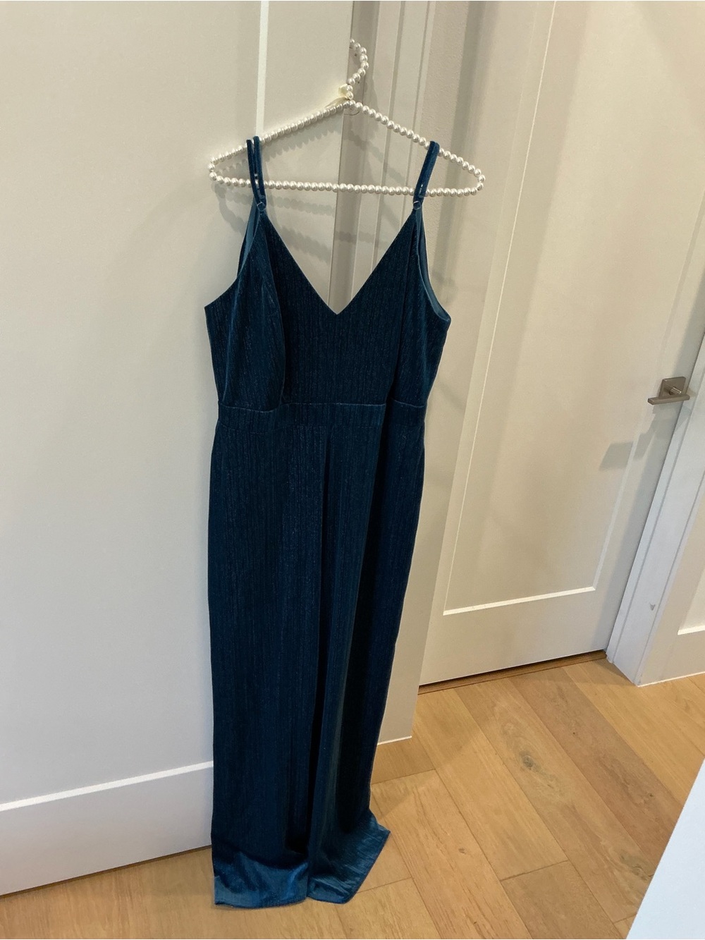 NWT Francesca’s Jun & Ivy Metallic Midnight Blue Velour Wide Leg Jumpsuit XL
